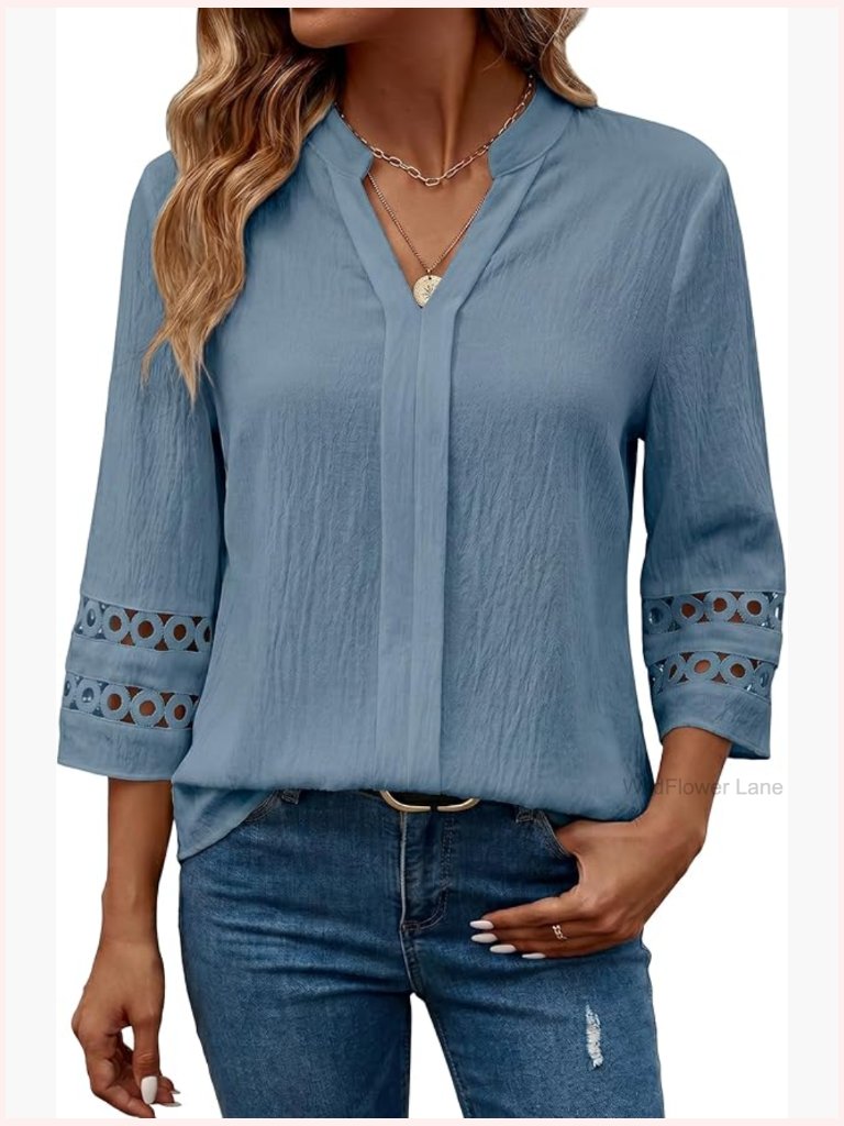 3/4 Length Sleeve V Neck Lace Tunic Pleated Blouse Dressy Casual Tops